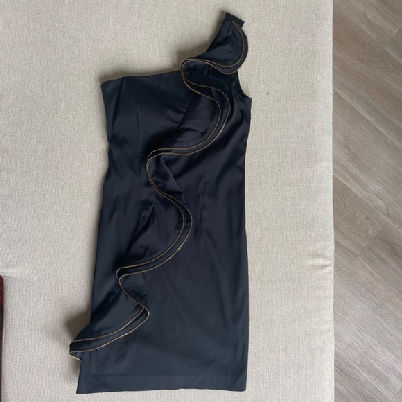 CACHE One Shoulder Zipper Detail‎ Ruffle Black Satin Mini Dress - Picture 7 of 10